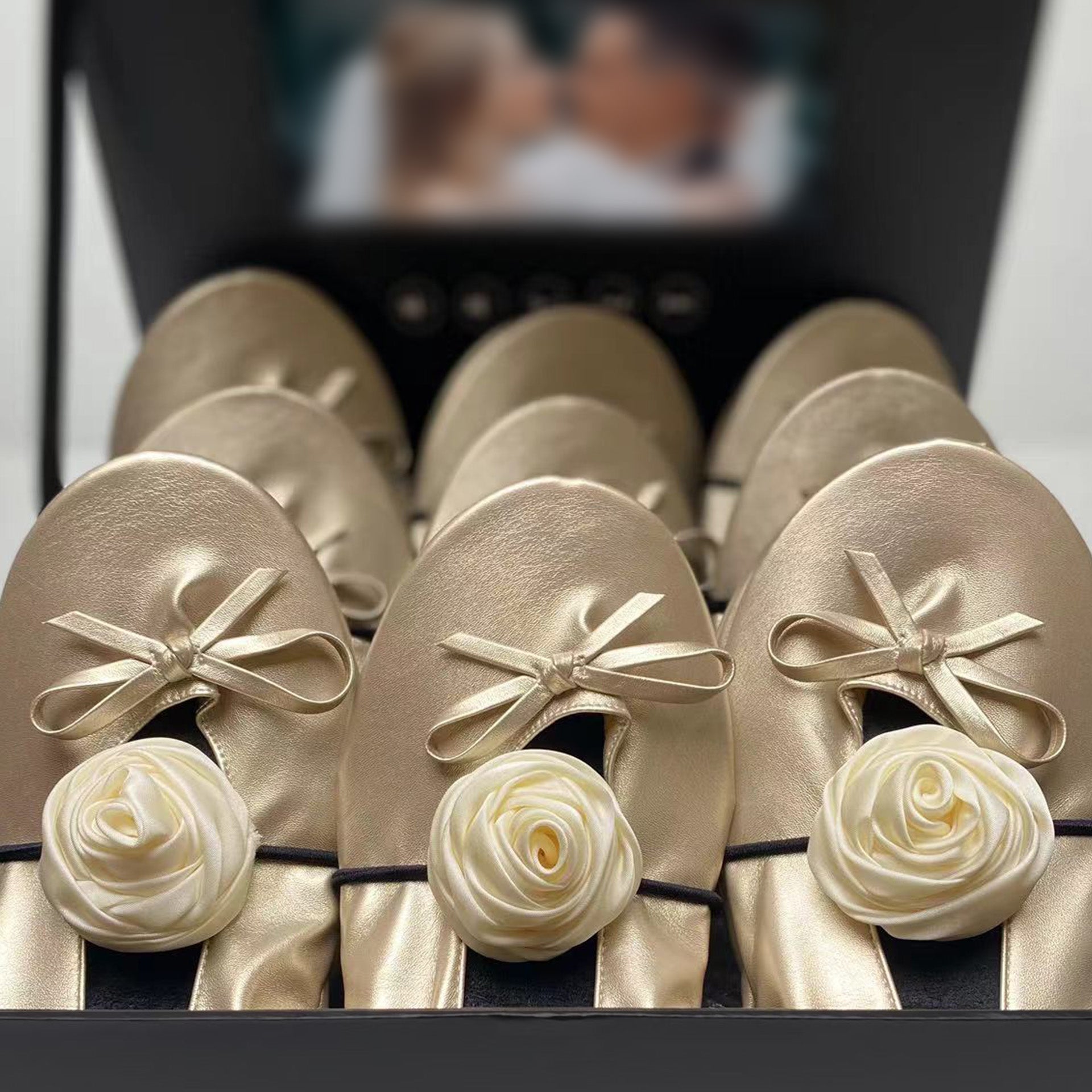 Elegant Champagne Foldable Flats Wedding Gift Set: 12 Pairs with Ribbons