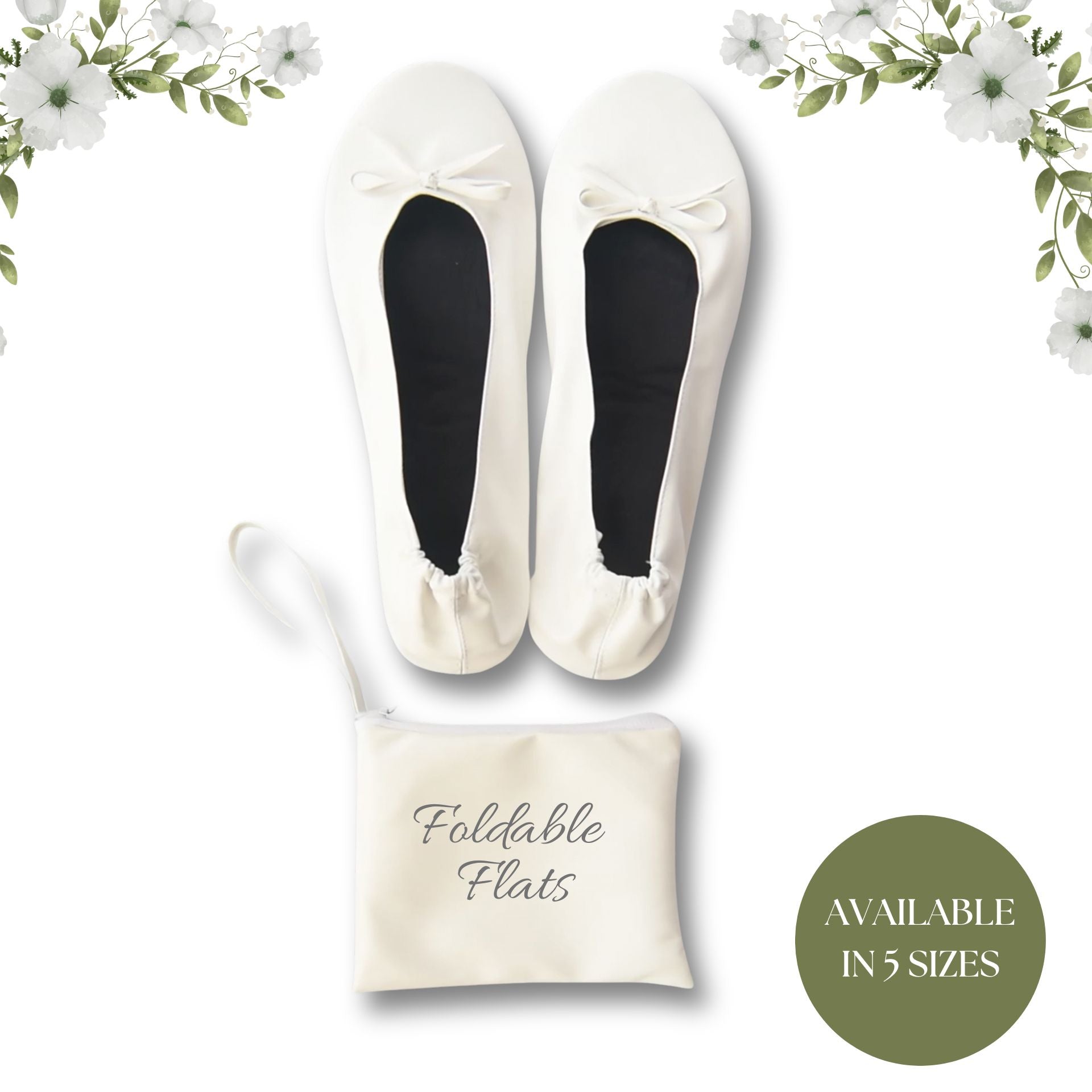 12 Pairs White Foldable Flats for Wedding Guests - Sizes S to XXL